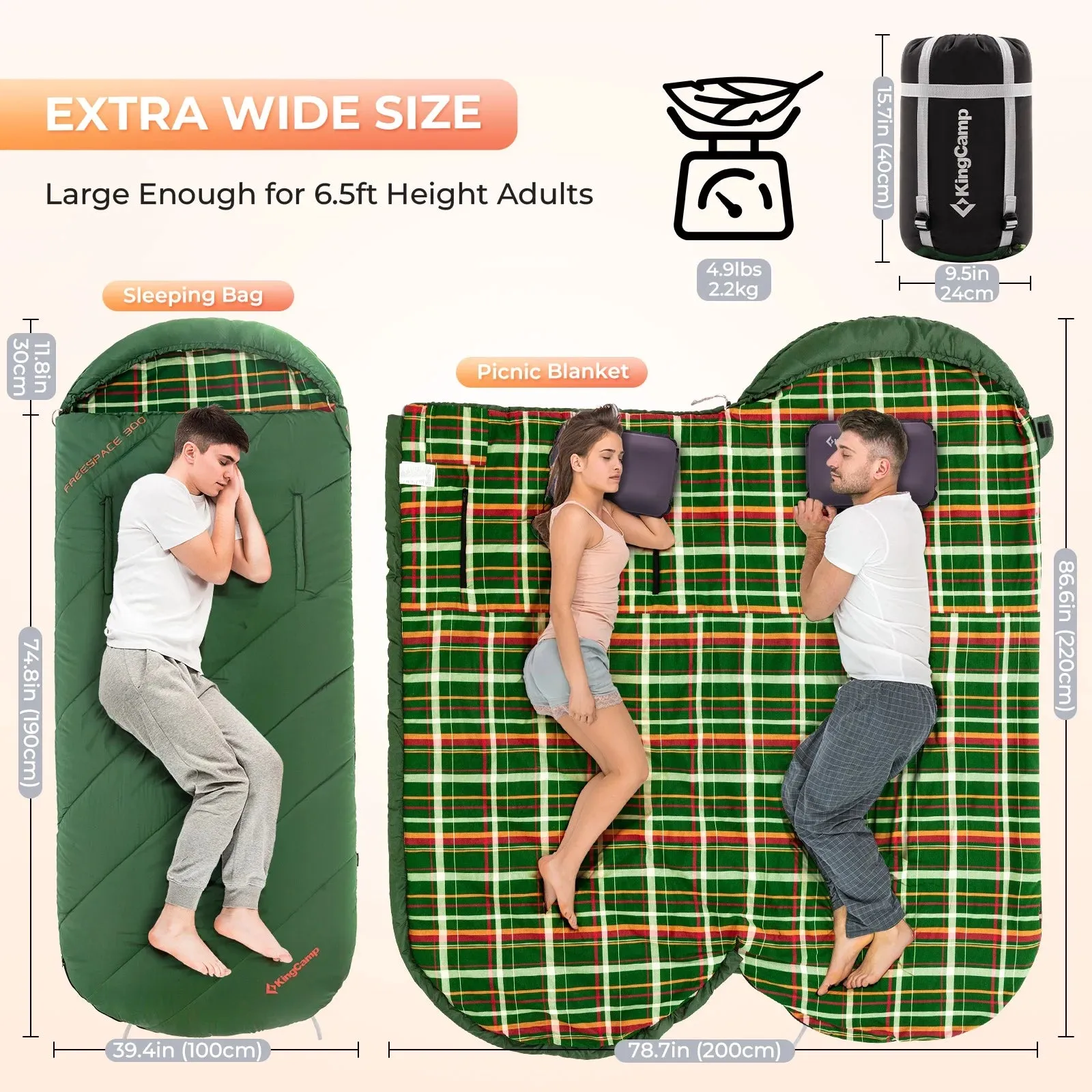 Kingcamp Cotton Flannel Sleeping Bag, Oversized