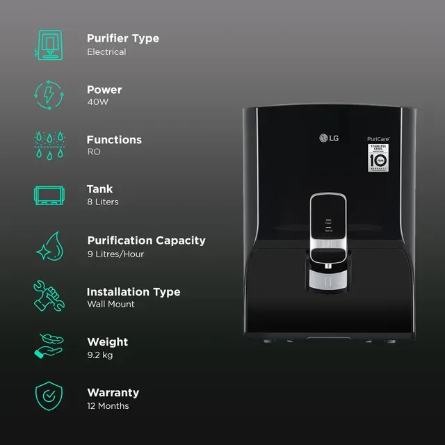 LG WW131NP 8 Litre RO Water Purifier with Multi Stage Filtration (Solid Black)
